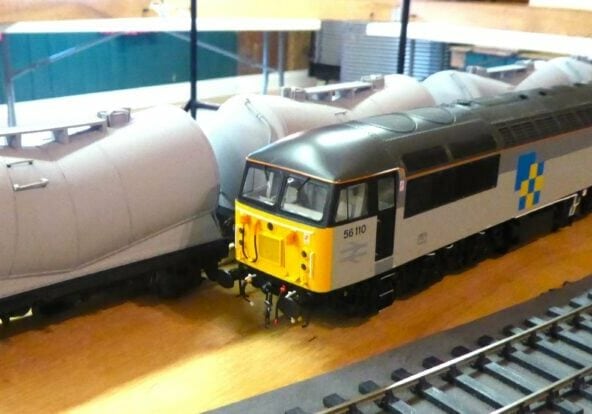 BR Class 56 and cement wagos awaiting turn on circuit Roger